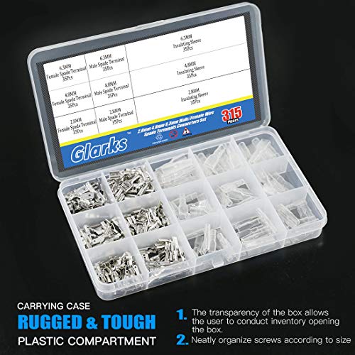 Glarks 315Pcs Quick Splice 2.8Mm 4.8Mm 6.3Mm Male And Female Wire Spade Connector Wire Crimp Terminal Block With Insulating Sleeve Assortment Kit #TOP3