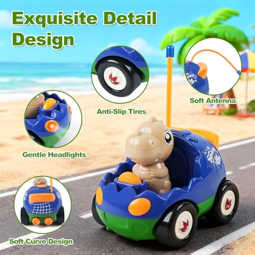 Image of 2-Pack RC Dinosaur Cars for Kids - Remote Control Dinosaur Toy Cars with Music and Lights, Birthday Gift Toy for Boys Ages 2 3 4 5 Year Old and Toddlers 18+ Months