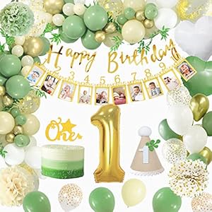 Geburtstagsdeko 1 Jahr Grün, Erster Geburtstag Mädchen Junge, Deko 1 Geburtstag mit Luftballons 1 Geburtstag,Happy…