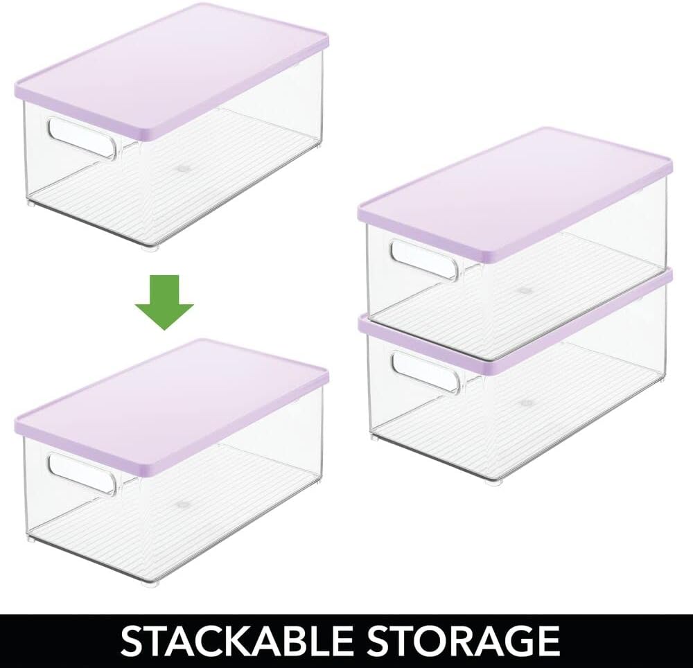 New Deal mDesign Stackable Plastic Storage Bin Box with Removable Lid - for Organizing Baby/Child's/Kids Toys, Action Figures, Markers, Blocks, Crafts, Dog/Cat Toy Box - 4 Pack - Clear/Light Purple