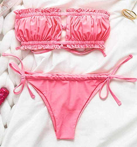 Bikinx Womens Sexy Thong Bikini Set Ruffle Hot Pink Swimsuit Micro Bandeau 2 Piece Bathing Suit Smocked Bikini Tops #TOP2