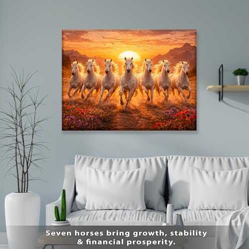 Image of Rousrie Big Size 7 Horses Vastu Frame Wall Art Painting, White Running Horses on Water, Rising Sun Wall Decor, Multicolor (45 cm x 60 cm - Design 2)