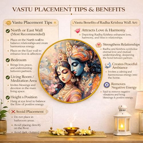 Image of Radha Krishna Round Wall Art Painting With Frame For Living Room | Vastu Love & Harmony Decor Framed Painting | Artistic Round Wall Hanging for Living Room, Bedroom & Gifting, 16 Inch
