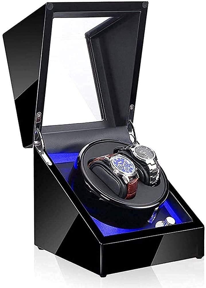 Caja enrolladora automática doble de madera con luz LED para relojes automáticos