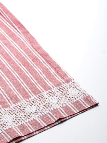 Image of Cottinfab Women Striped Red & White Front Tie-Up Top with Trousers Co-ord Set