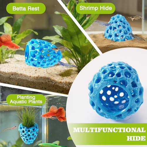 Image of Shrimp Dome Hide, Shrimp Hides for Aquarium, Betta Fish Hideout with Suction Cup, Betta Habitat Tank Ornament Accessories, Aquarium Decor for Small Fish Guppy Hiding Resting (Blue)