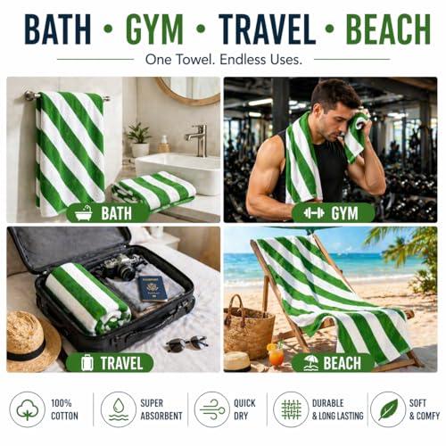 Image of TowelWala Extra Large Cotton Pool & Bath Towel | 180x90 cm | 450 GSM Cotton | Quick Drying & Highly Absorbent | Striped Design for Adults | TW PT GRN Pack 2