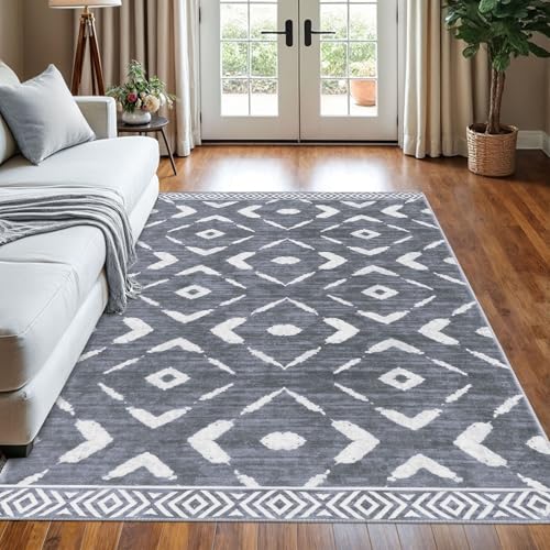 KILOCOCO Living Room Rug 5x7 Area Rug Printed Boho Washable Bedroom Rugs Non Slip Soft Large Moroccan Rubber Backed Indoor Rugs for Dining Room Office Farmhouse Geometric Carpet,Dark Grey