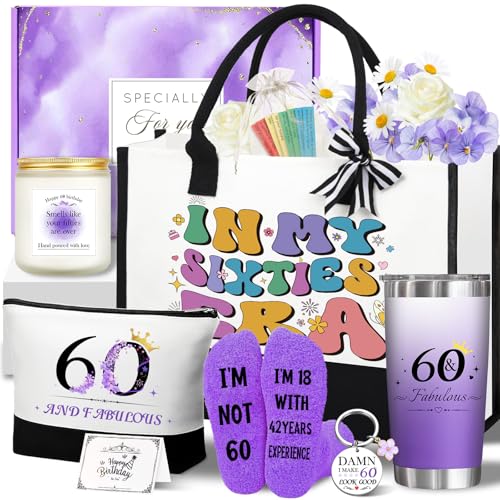Zyphoria 60th Birthday Gifts for Women, Funny 60th Birthday Gifts for Her, Funny Gift for 60 Year Old Woman, 60 and Fabulous Canvas Tote Bag Gift Set, Happy 1965 Gift Basket for Her Mom Sister Friend