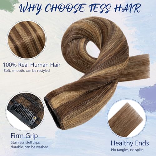 TESS Clip In Hair Extension Remy,Hair Extensions Real Human Hair One Peice 5 Clips Straight Natural Hairpieces for Womens/Girls(#4/27 Medium brown&Dark blonde,10Inch) - Image 3