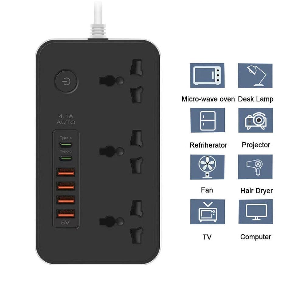 Image of Extension Board, Power Strip with 6 USB Ports and 3 Universal Socket, 2500W 10A Extension Cord, 3-Pin Surge Protector Power Strip for Home, Office, Computer, Mobile Charging (White-Z65)