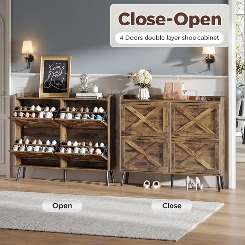 Image of Maupvit Large Shoe Storage Cabinet with 4 Flip Drawers, Narrow Shoe Cabinet for Entryway with Wooden Legs, Freestanding Hidden Shoe Rack Organizer & Metal Hinges, Rustic Brown
