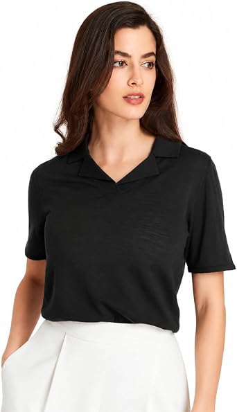 GreenMount Womens Cashmere Wool Lapel Neck T-Shirt Comfortable Top Short Sleeve in Summer