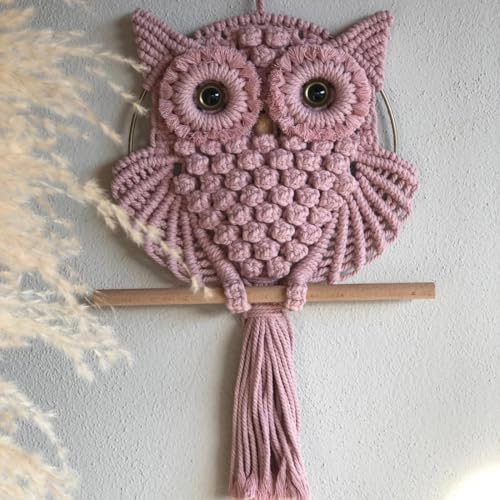 Image of tms Bohemian Owl Macrame Wall Hanging - 12 x 23 Inch - Handcrafted Boho Home Decor with Natural Elements - Boho Chic Accent for Home, Office, or Living Room (Peach)