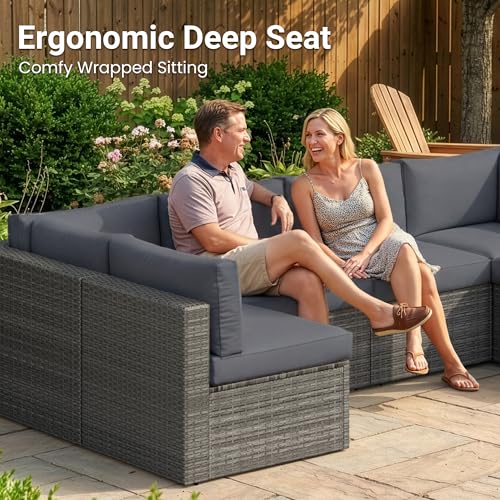 Image of Wisteria Lane 7 Pieces Wicker Patio Furniture Set, All-Weather Patio Sectional Sofa with Coffee Table, Outdoor Sectional Furniture for Garden Backyard, Grey