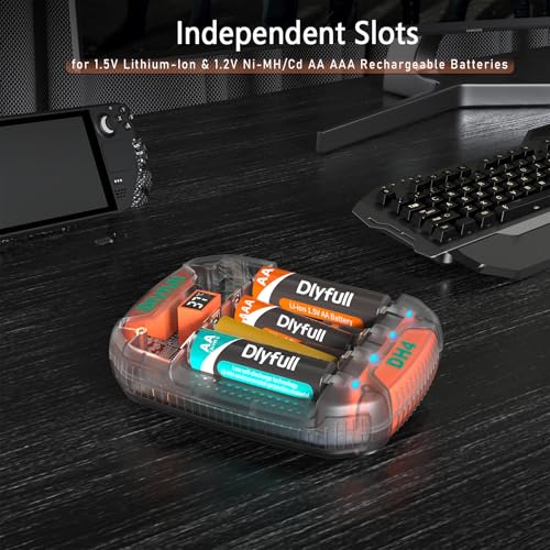 Dlyfull 4 Bay AA AAA Battery Charger with Temperature Monitoring, Independent Slots for 1.5V Lithium & 1.2V NiMH NiCd Rechargeable Batteries, Cable Included — view 4