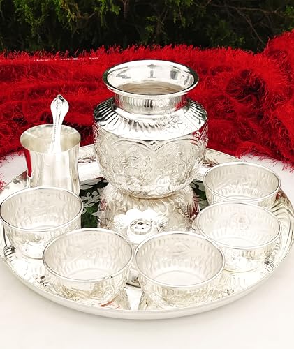 German Silver Pooja thali Set 9 Pieces for Housewarming Pooja/Diwali Pooja/Gift