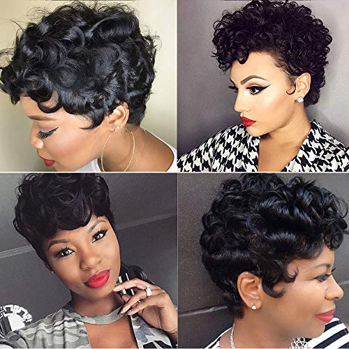 Short Pixie Cut Wigs for Black Women 100% Short Human Hair Wigs with Bang Short Black Wigs Brazilian Hair Short Wigs Water Curly Wave Wigs Short Curly Pixie Wigs for Black Women Human Hair