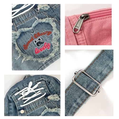 JHTPSLR Medium Denim Backpack Women Y2k Tie Vintage Heart Patchwork Juminocore Backpack Casual Everyday Bag (Blue)2