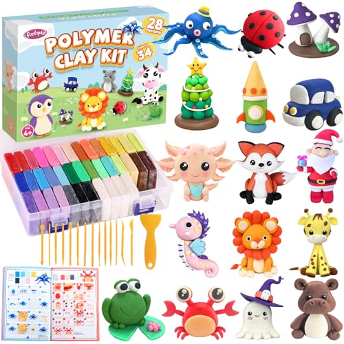 Funtopia Pâte Polymère 34 Couleurs, Kit Créatif de Pâte à Modeler à Cuire au Four, avec Livre Tutoriel, Outils et Boîte de Rangement pour Enfants et...