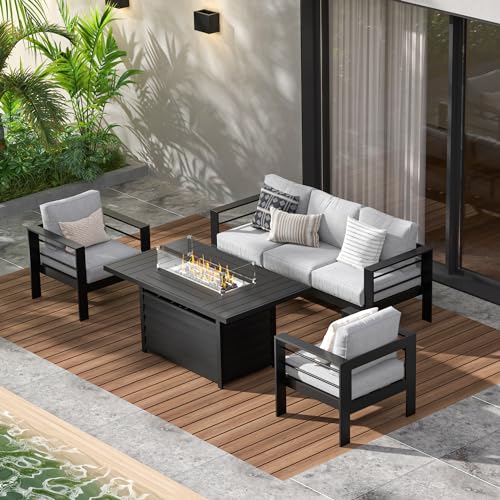 Wisteria Lane Aluminum Patio Furniture Set, 5 Seats Metal Outdoor Furniture Set with CSA Certified 54in Propane Gas Fire Pit Table, Patio Conversation Set with 5in Olefin Cover Cushions, Light Grey