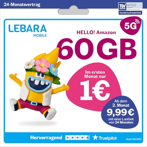 LEBARA Handytarif Hello! Amazon | 60 GB Datenvolumen | 9,99€ mtl. | 5G mit bis zu 50 Mbit/s | Allnet-Flat Telefonie & SMS Deutschland inkl. EU-Roaming | 200 Auslandsminuten