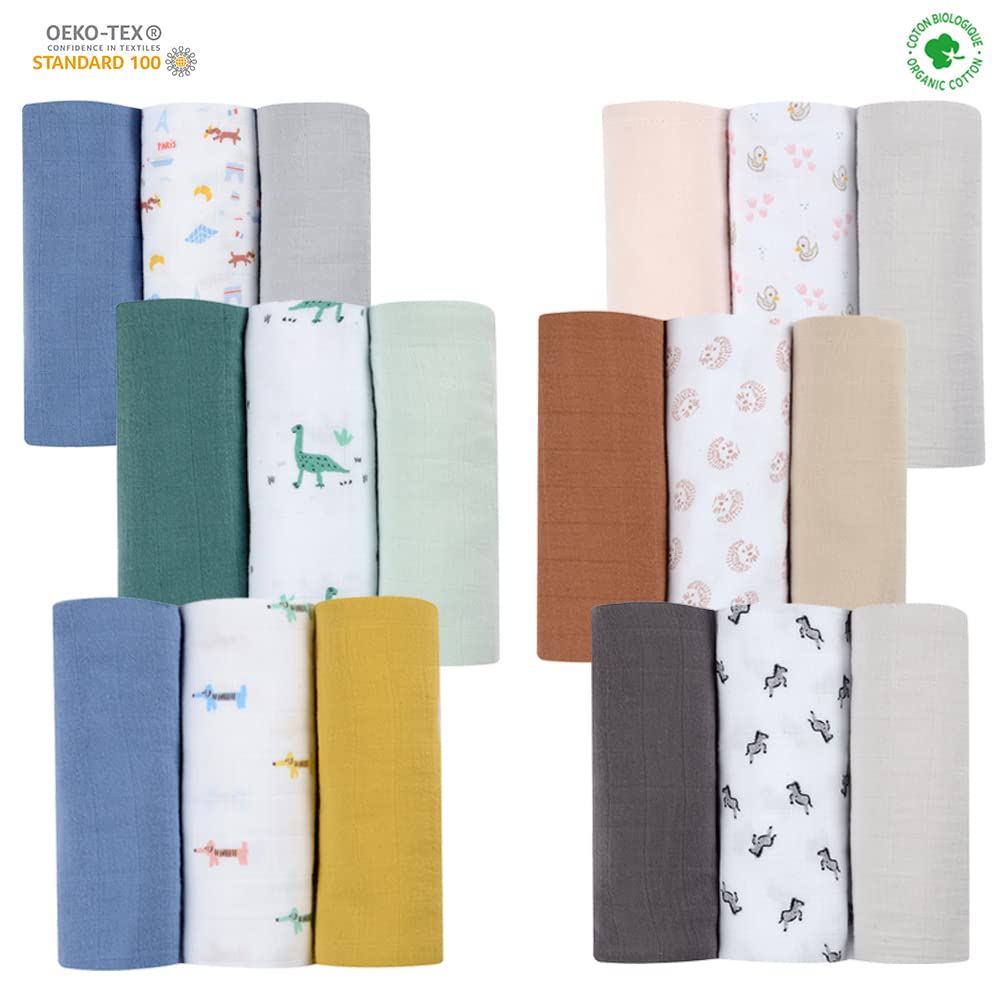 BÉABA, Lot de 3 Langes Bébé, Mousseline de Coton Biologique, Multi-usages : Bavoir, Couverture nomade, Doudou, Ultra doux, Respirant, 70x70, Ecologique et Sain, Motif Hérisson