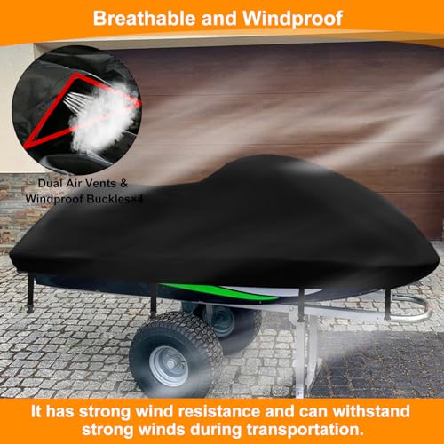 Jetski Covers Waterproof,Upgraded 420D Heavy Duty Jet Ski Personal Watercraft Cover,2 Air Vent Marine Grade UV Resistant for Seadoo,Kawasaki,Waverunner Polaris from 126\" to 135\"(Black) - Thumbnail 4