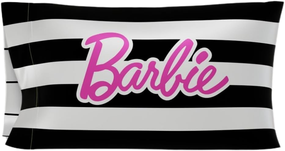 Collectibles Barbie Barbicore Black & White Stripped Beauty Silky Satin Standard Pillowcase Cover 20x30 for Hair and Skin, (Official Licensed Product)