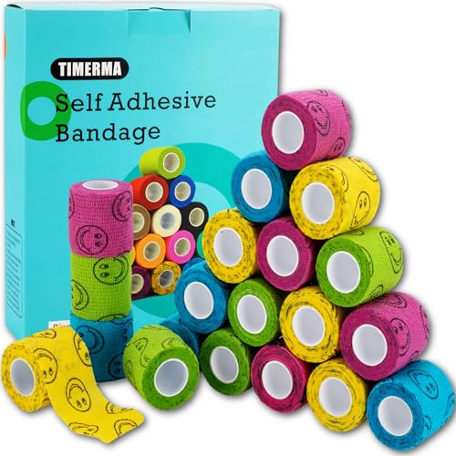 timerma 20 Rolls Self Adhesive Bandage Wrap Elastic&Breathable Ideal for Wound Care, Sports & Joint Sprains Adhesive Vet Wrap Versatile Support for Dogs Cats Horses Birds, Pet First Aid (Smiley)