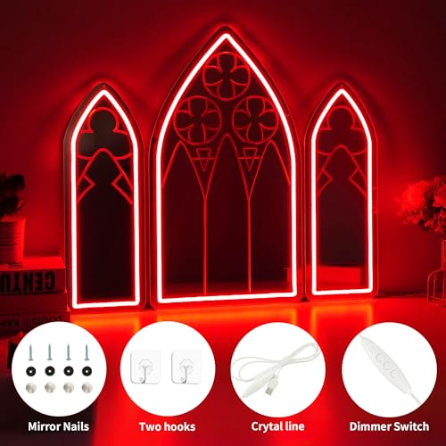 Image of Gothic Neon Sign, Medieval Goth Neon Mirror Set, Window Mirror Neon Signs for Wall Decor, Gothic Cathedral Decor, Acrylic Witch Neon Mirrors 25″ x 14.7″