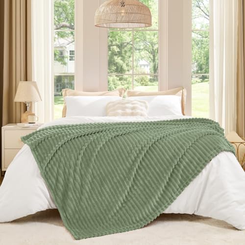 Image of BEDELITE Fleece Throw Blanket for Couch - 3D Ribbed Jacquard Soft and Warm Decorative Fuzzy Blanket - Cozy, Fluffy, Plush Lightweight Sage Grey Green Throw Blankets for Bed, Sofa, 50x60 inches