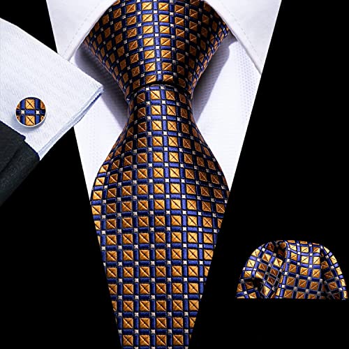 Image of Barry.Wang Plaid Ties for Men Silk Necktie Handkerchief Cuff Links Set