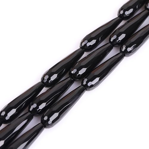 Cuentas de ágata negra para hacer joyas, piedras preciosas naturales semipreciosas de 0.315 x 1.181 in de largo, lágrima facetada de 15 pulgadas JOE