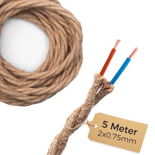 DiCUNO 5 Metros de cable textil de lino vintage, 2 conductores de 0,75mm² de cable eléctrico retro tejido flexible, Cuerda tejida industrial para colgar y proyecto de bricolaje