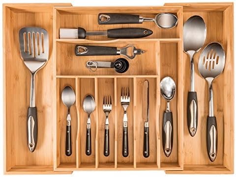 More Compartments, Bamboo Utensil Drawer Organizer, Silverware Tray & Cutlery Utensil Holder, Kitchen Drawer Organization, Expandable Flatware Utensil Tray Has 10 Compartments, Fits a 12 PC Setting