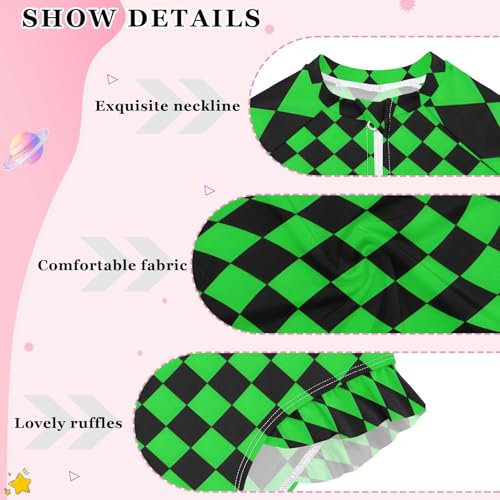 Girls One Piece Swimsuits Long Sleeve Swimsuit Zipper Bathing Suits Green Black Buffalo Plaid Checkered3