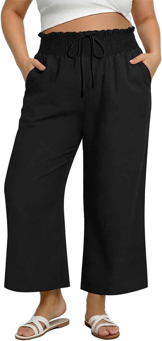 CARCOS Plus Size Pants Summer Palazzo Wide Leg Pants Smocked High Waist Ankle Beach Lounge Trouser with Pockets XL -5XL