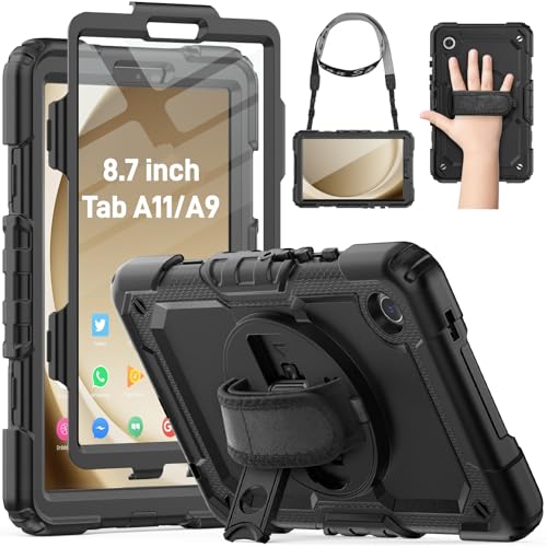 HXCASEAC Case for Samsung Galaxy Tab A9/A11 8.7 Inch, Protective with Screen Protector/Hand Strap/Pen Holder, Shockproof Samsung A9 A11 Tablet Case 8.7'' (SM-X110 SM-X115 SM-X130 SM-X133) - Black