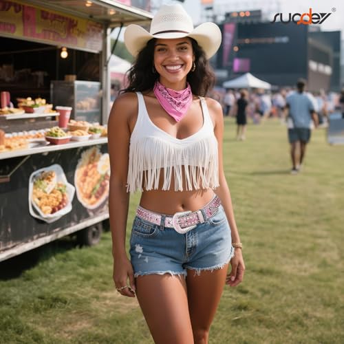 Image of Women Fashion Rhinestone Belt SUOSDEY Western Cowgirl Bling Studded Design Leather Diamond Belt for Jeans Dress, 07-pink(silver Buckle), S：fits pants size 28''-32''