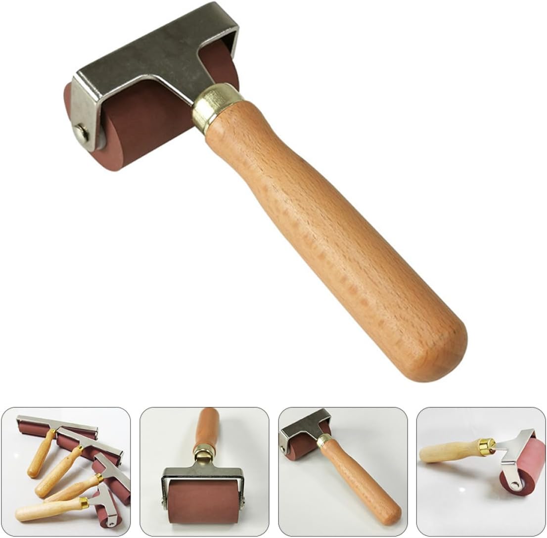ABOOFAN Red Roller for Printmaking with Ergonomic Wood Handle Rubber Ink Roller for Crafting Stamping Scrapbooking and Painting Art Applications