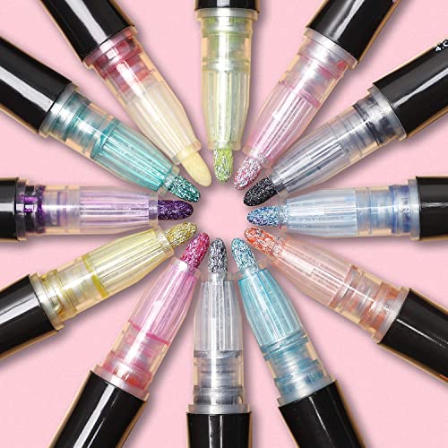 Image of Qatalitic 12 Pcs Double Line Chisel Point Outline Pens, 12 Colors Self-Outline Drawing Metallic Markers, Glitter Pen Set for Gift Card Writing, Birthday Greeting, Scrap Booking, DIY Art Crafts