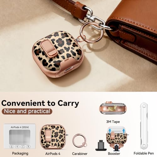 Image of for AirPods 4 Case 2024 with Safety Lock - Leopard Print | As Phone Stand, for Women Girly, with Keychain & Cleaner Kit,Two-Piece Design,Support Wireless Charging,Clear TPU+PC Material