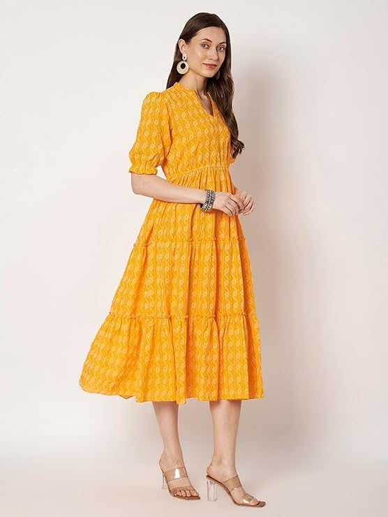 Image of PIDAVLIYA'S Women's Floral Summer Maxi Dress I Cotton Printed I One Piece Bodycon Midi Dress with V-Neck, Puffed Sleeves