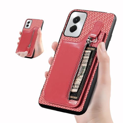 Tuxiwei Card Slots for Motorola Moto G 5G 2024 Case, Moto G 5G 2024 Phone Cover Faux Leather Weave Carbon Fiber Pattern | Flip Zipper Back Wallet Card Holder Support [Magnetic Car Mounts]-Red