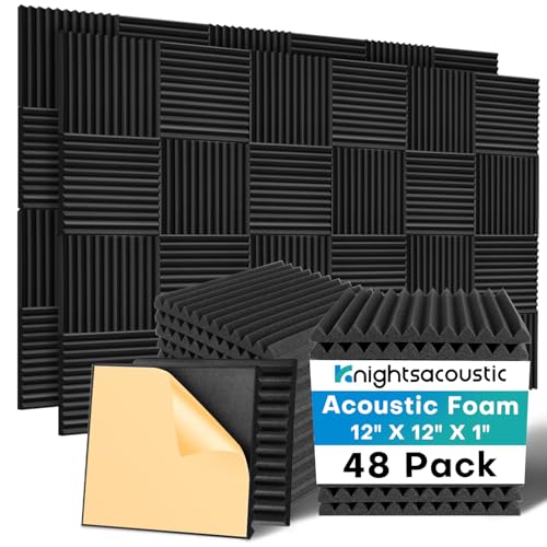 Knightsacoustic 48 Pack Sound Proof Foam Panels for Walls with Self Adhesive, 12x12x1 Acoustic Foam Panels, High Density Acoustic Panels Sound Absorbing, Fire Resistant Studio Sound Proofing Black