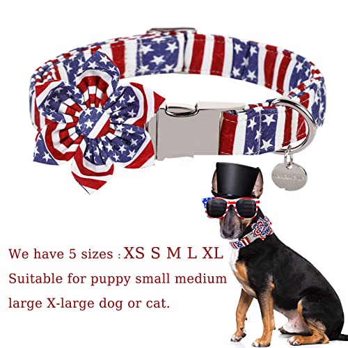 Image of Dog Collar with Flower, 4th of July Comfortable Cotton Dog Collar, American Flag Collar for Small Girl Dog, Patriotic Flower Collar with Metal Buckle, S