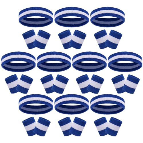 Image of 30 Pcs Sweatbands Wristbands Set Absorbent Terry Cloth Headbands Wristbands Neon Color Striped 80s Athletic Sweatbands for Sports Gym Exercise