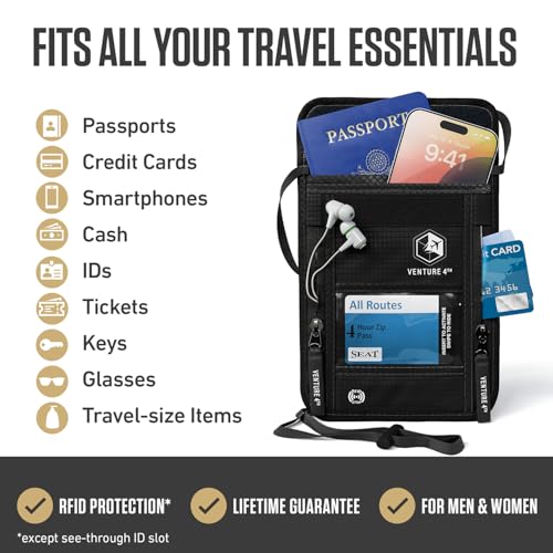 VENTURE 4TH Neck Wallet – RFID Blocking Passport Holder for Travel, Hidden Passport Wallet, Concealed Travel Wallet for Women, Men & Family (Pure Black) by VENTURE 4TH - Image 2