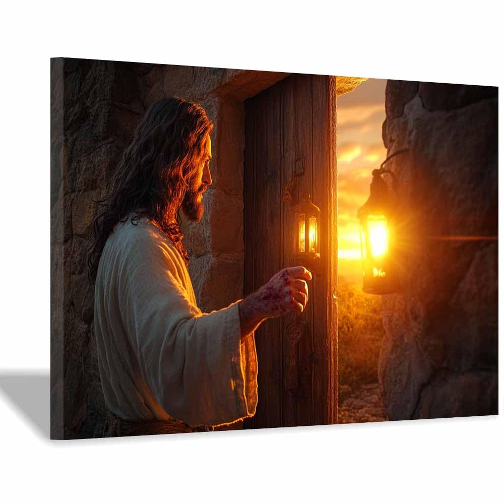 ZAMAEIU Jesus Canvas Wall Art Knocking by thes Door large mural decoration,Catholic home decor for Church Office Living Room Bathroom Inspiration Room(orange)-30x50cm Framed